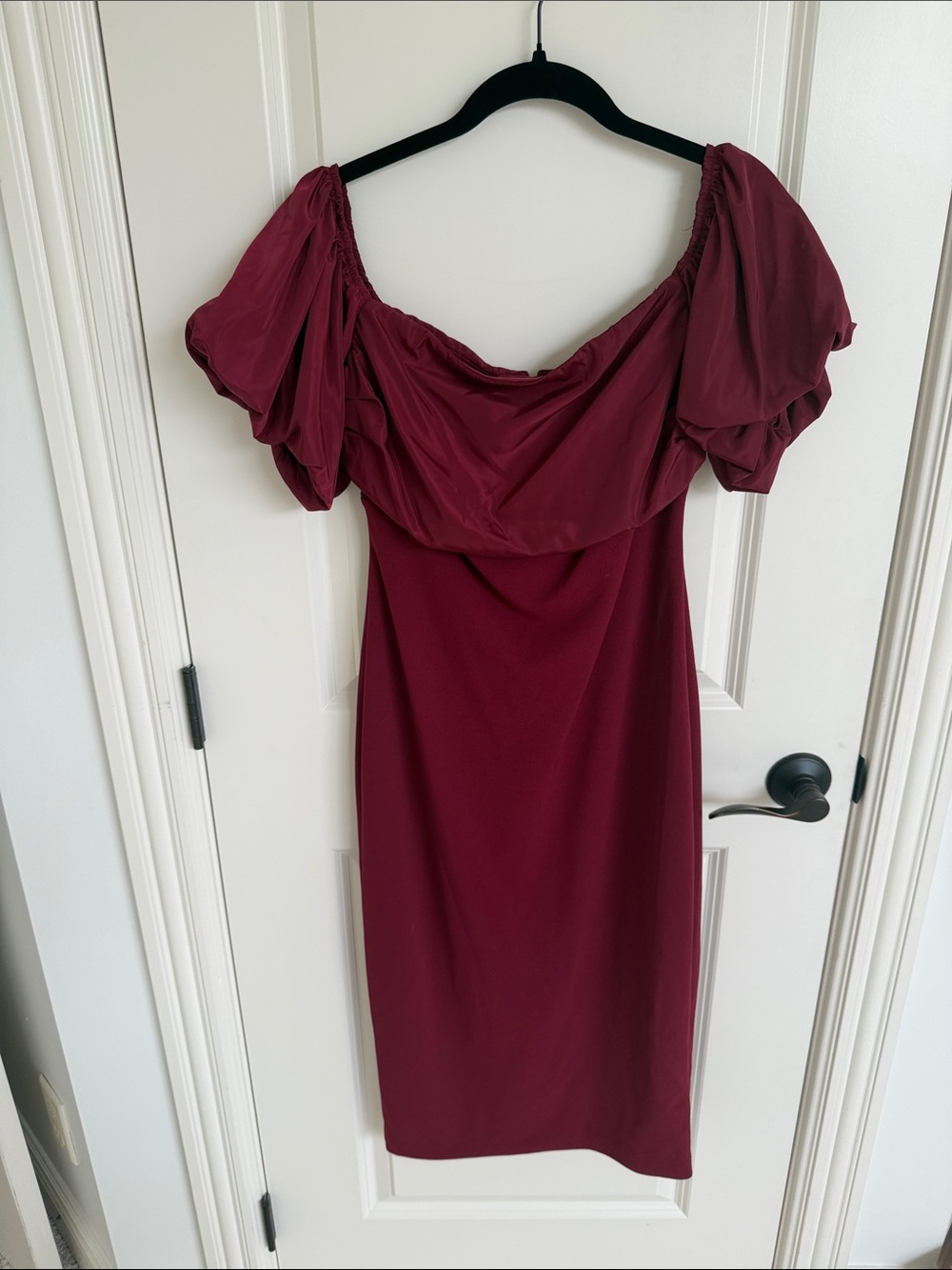 Badgley Mischka Wine One-Shoulder Puff Sleeve Dress
